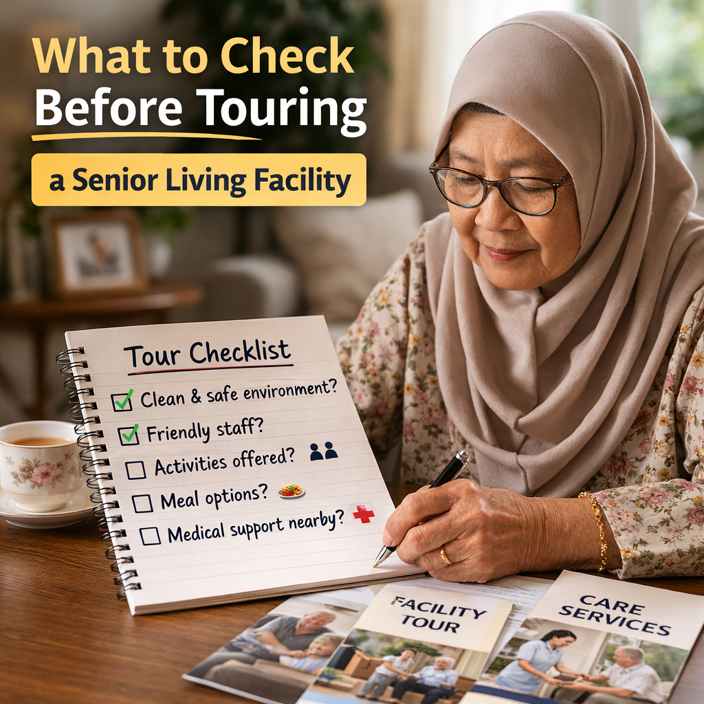 Senior woman reviewing facility tour checklist including safety, staff, activities, and medical support